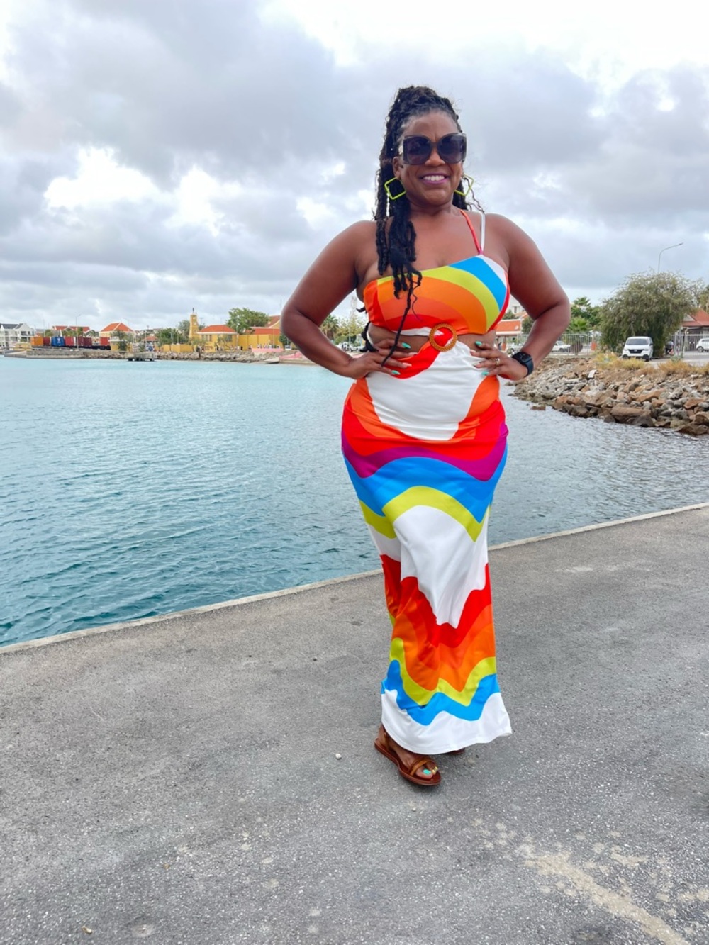 Women's One-Shoulder Rainbow Wave Maxi Dress - Vibrant Multicolor